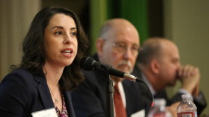 The LA Times 12/17/15 article reports, "Sarah Angel, a regional director for the California Charter Schools Assn., praises charters at a recent forum on the future of Los Angeles public education. A new group is trying to launch more of these schools. (Al Seib / Los Angeles Times)"