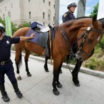 Cleveland mounted police officer Abraham Cortes leans on his horse Paco with fellow officer Michael Herrin (R) on Bas during a demonstration of police capabilities near the site of the Republican National Convention July 14, 2016. Police in Cleveland say they aim to avoid mass arrests at the protests planned for next week’s Republican National Convention, but the fact that the city’s courts are preparing to process up to a 1,000 people a day has some civil rights activists worried. Photo By Rick Wilking/Reuters